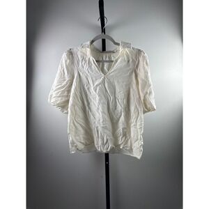 Bishop + Young Blouse Womens S White Good Puff Sleeve V-Neck Textured Top